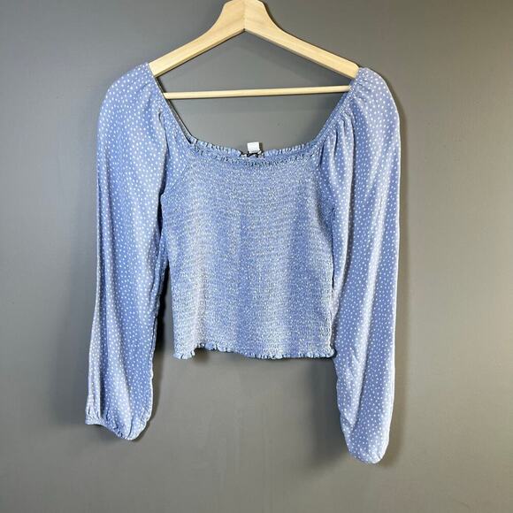 American Eagle Smocked Square Neck Long Sleeve Blouse Top Blue Polka Dot Size M - Picture 2 of 6